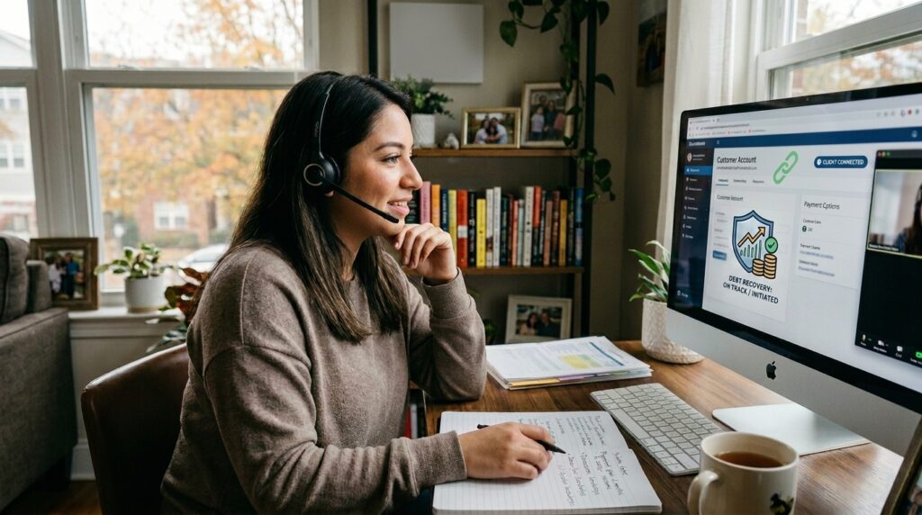 Executiva de instituição financeira negociando de forma empática com cliente em ambiente moderno
