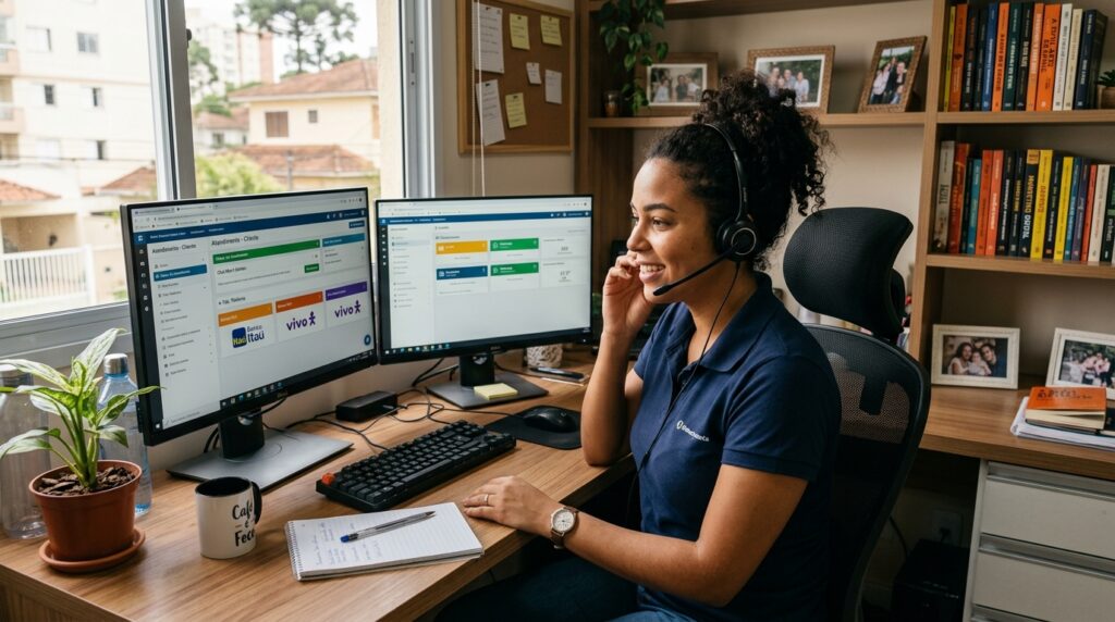 Agente de call center atendendo cliente em home office com vários canais digitais ao fundo