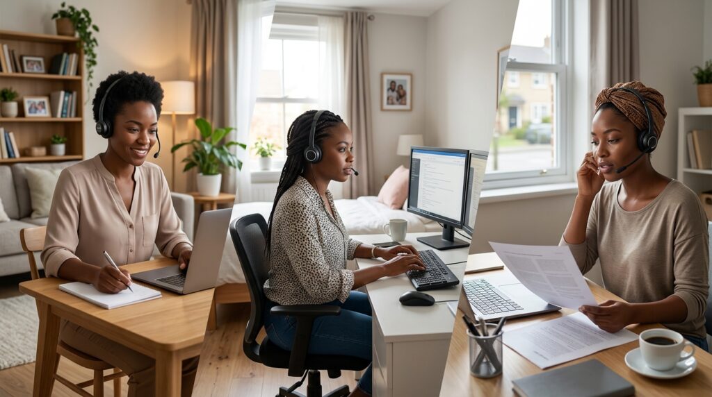 Vendedoras consultivas anotando insights durante conversa com cliente em home office