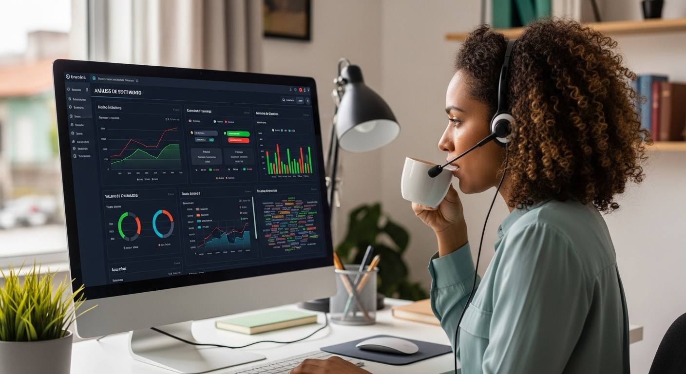 Dashboard de speech analytics com atendente em call center home office analisando dados de chamadas