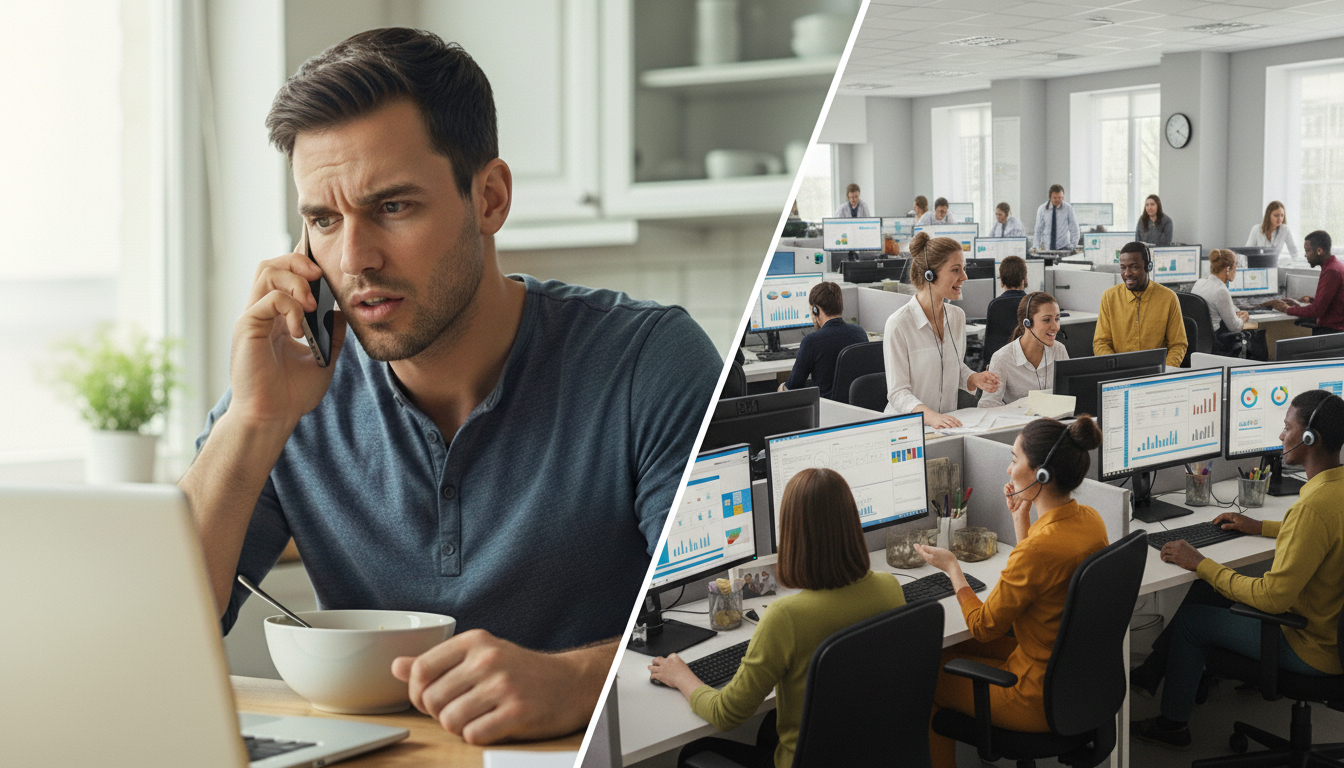 Cliente frustrado ao telefone em call center com atendente distraída