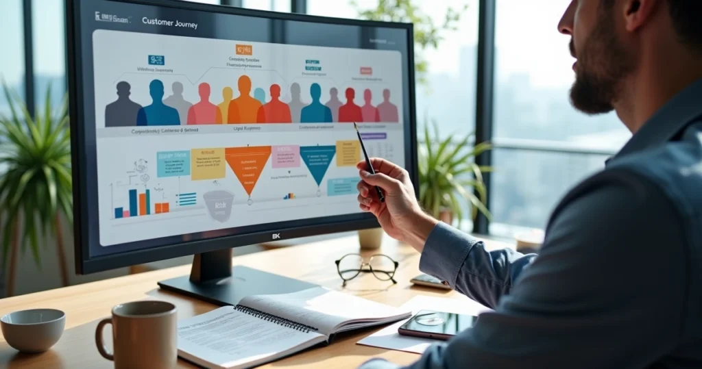Profissional analisando painel com jornada e perfil de clientes em potencial
