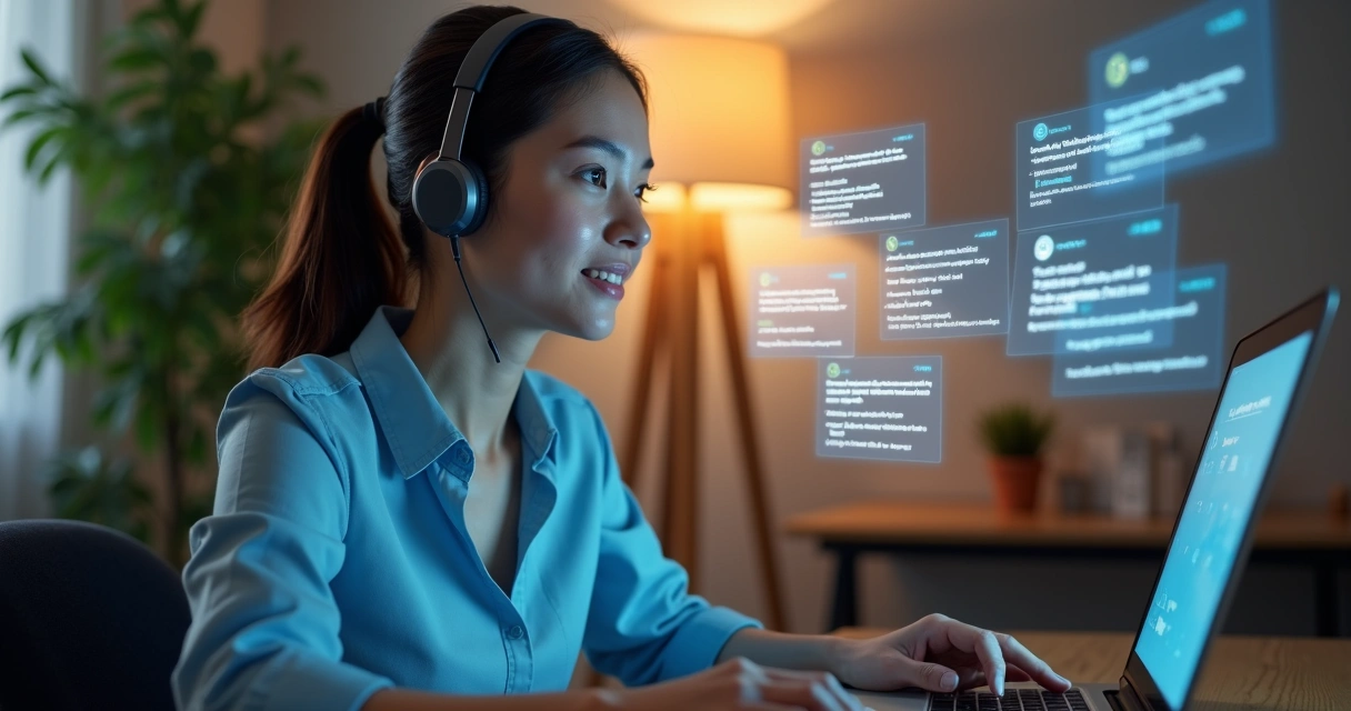 Atendente de contact center em frente a hologramas de IA oferecendo atendimento humanizado