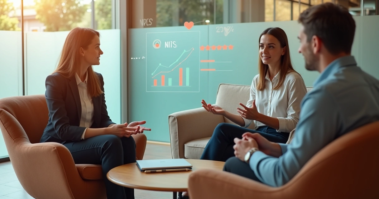 Cliente e gestora em encontro de negócios com ilustrações de crescimento ao fundo