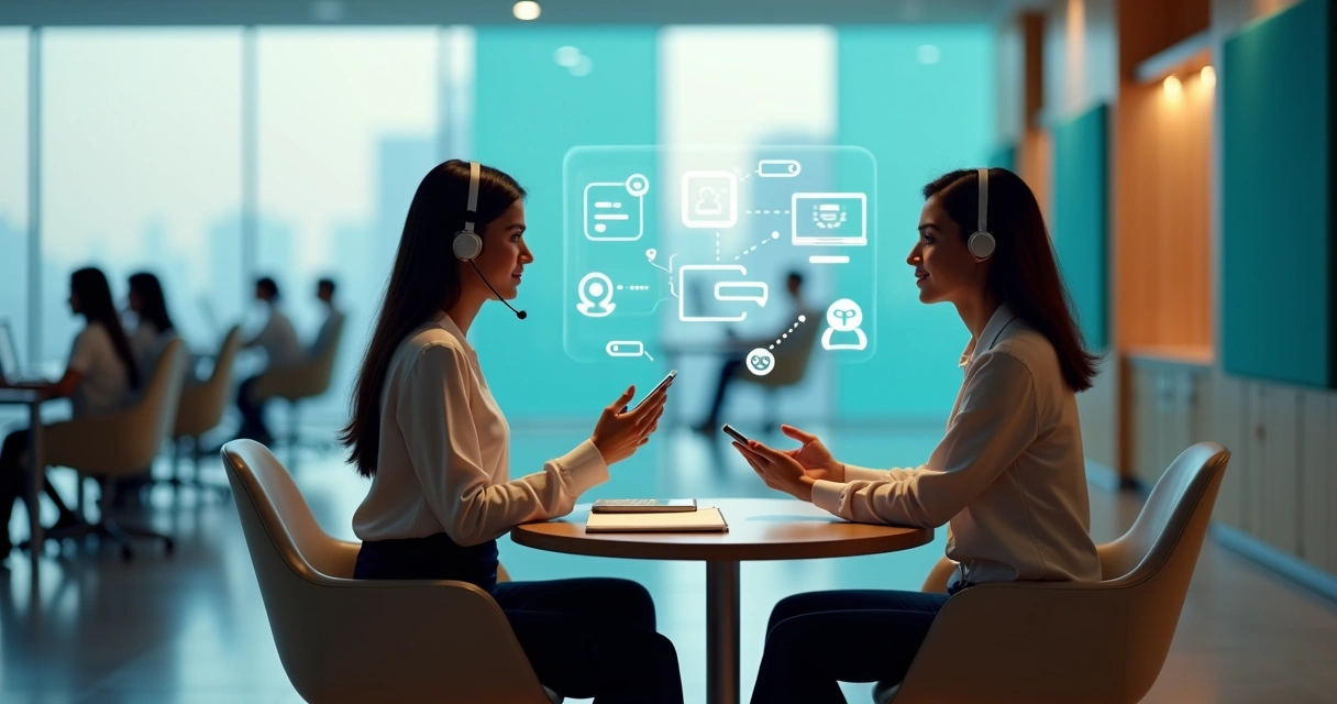 Profissional de atendimento acolhendo cliente enquanto interage com interfaces digitais flutuantes