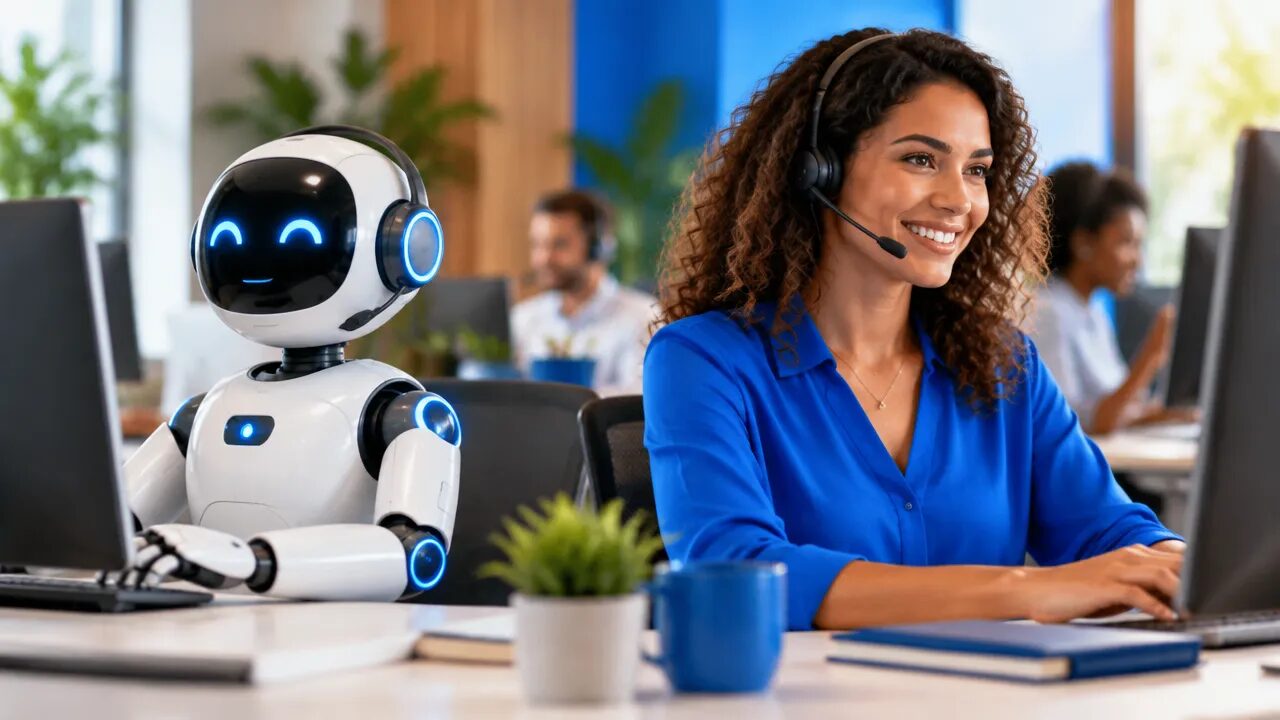 Atendente humana usando headset ao lado de uma interface digital que representa o apoio da inteligência artificial