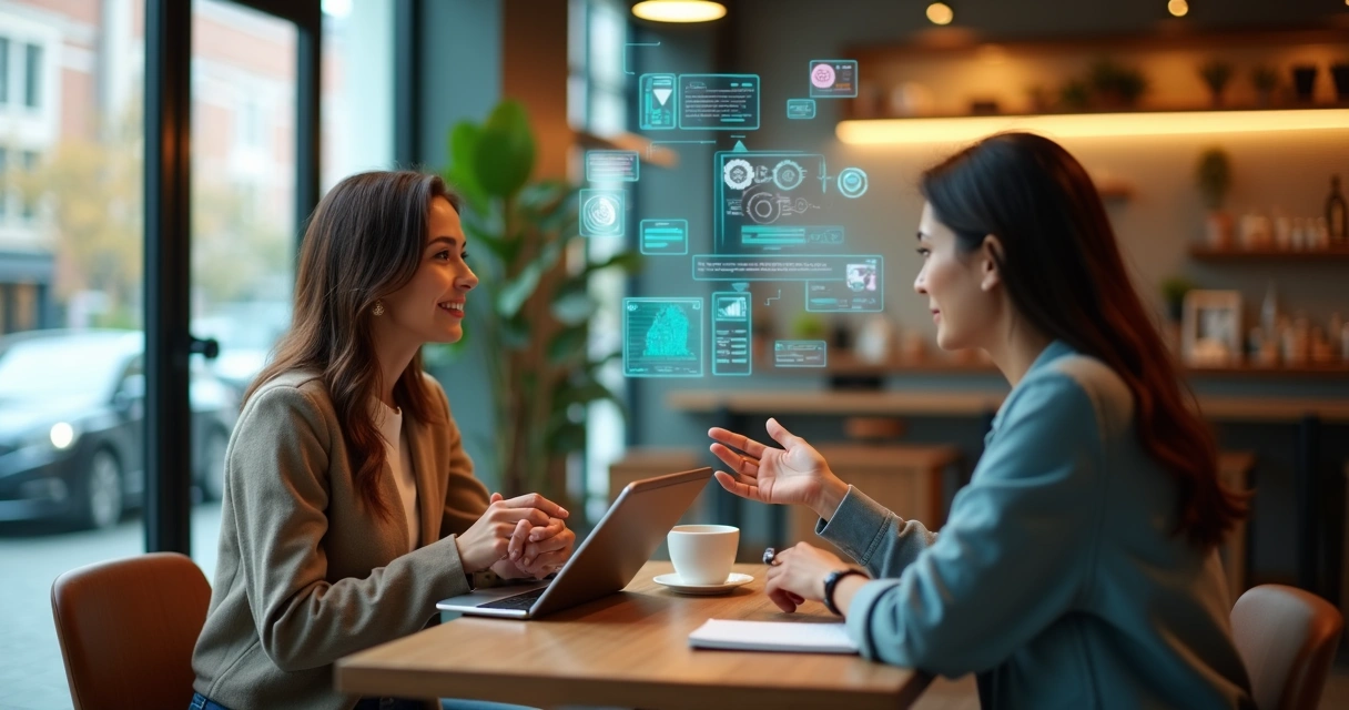 Profissional de atendimento conversa com cliente em café enquanto analisa informações em tablet com ícones de tecnologia ao fundo