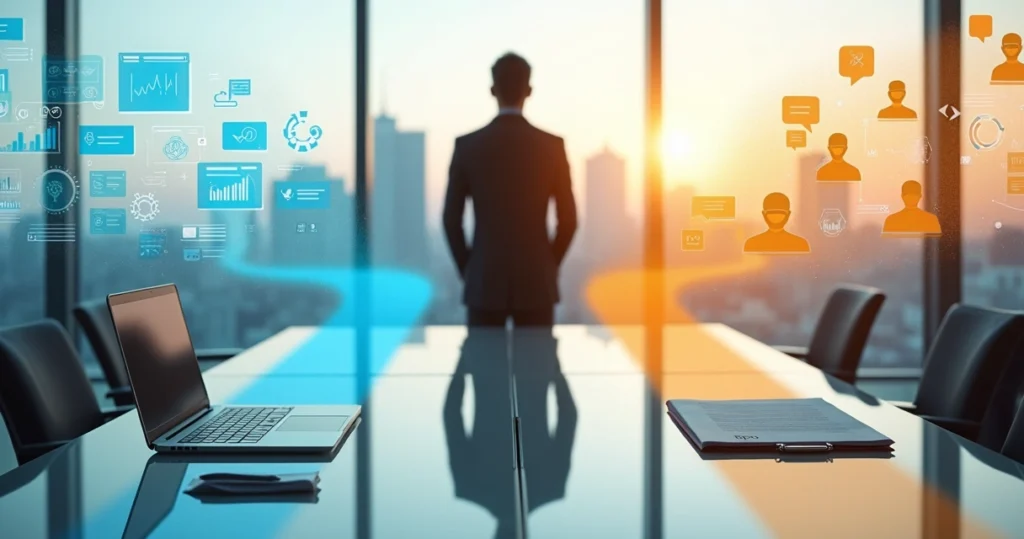 Gestor de negócios em encruzilhada visual entre automação e BPO