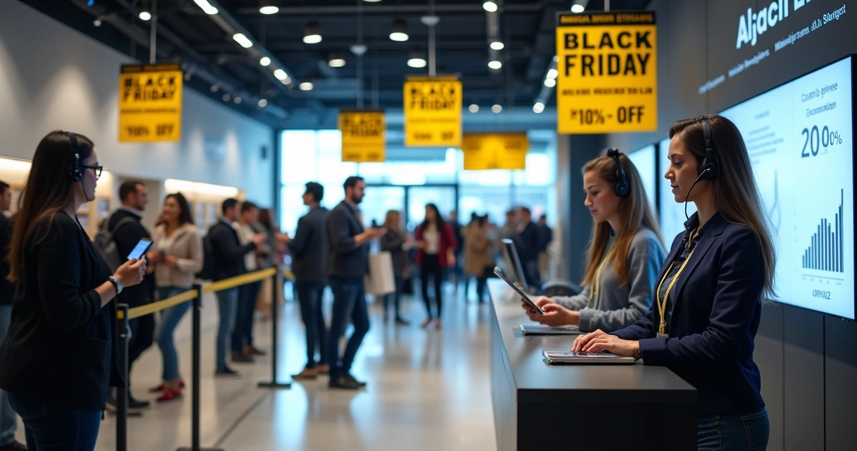 Time de atendimento orientando fila de clientes em loja na Black Friday