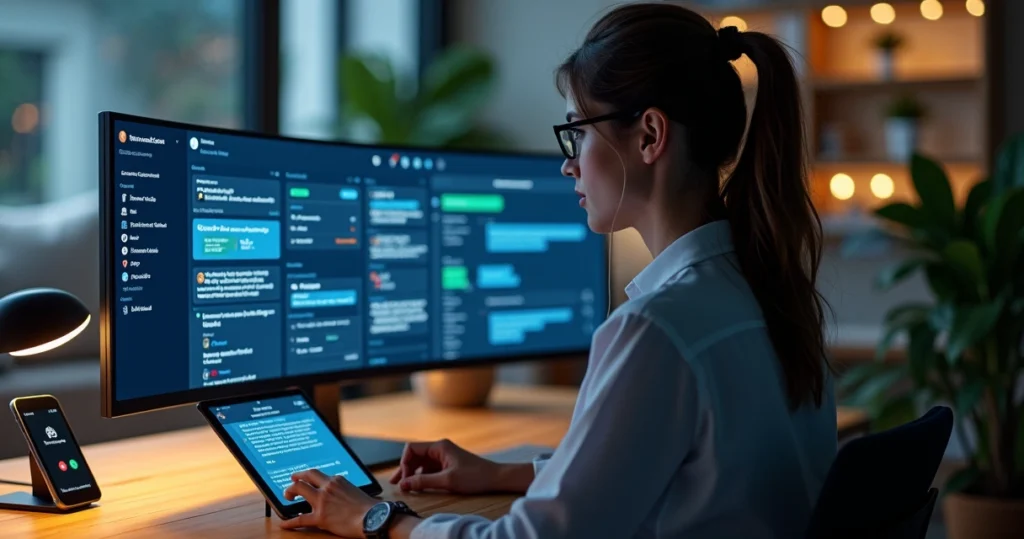 Atendente em home office usando vários canais digitais de atendimento ao mesmo tempo