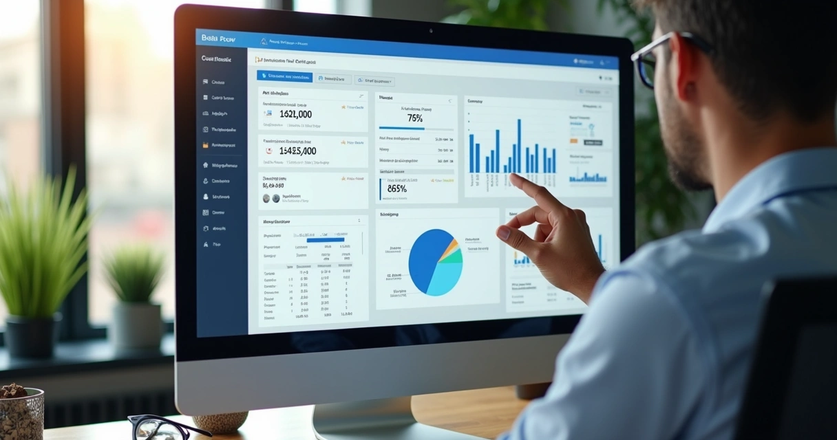 Pessoa usando computador que exibe painel de CRM com gráficos e dados integrados de atendimento e vendas