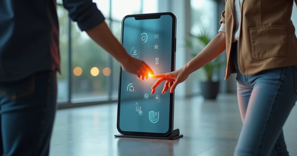 Cliente e atendente tocando as mãos através de um smartphone gigante