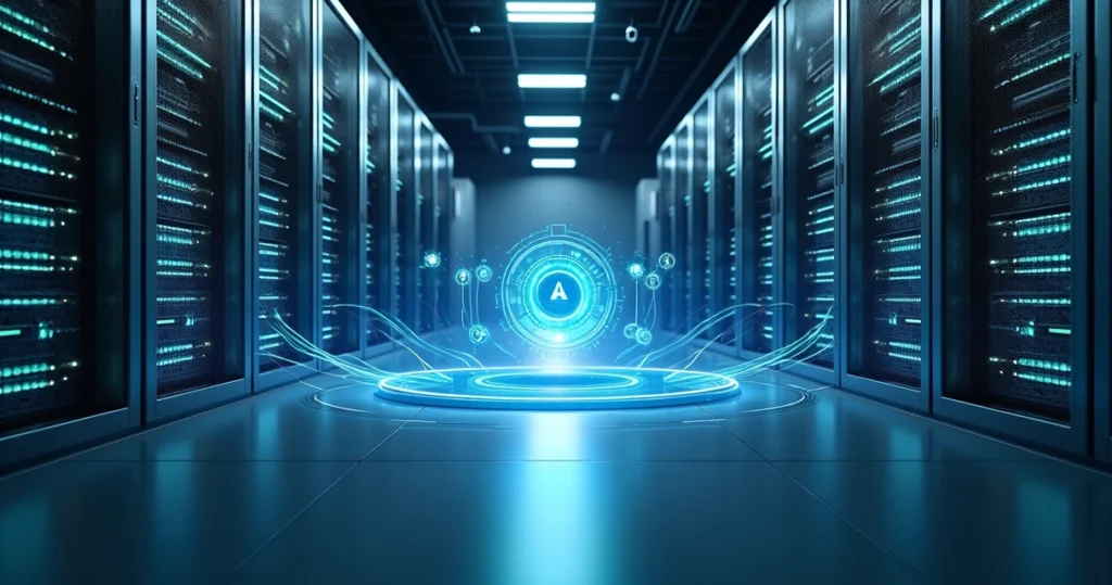 Rack de servidores interligados por feixes de luz em datacenter moderno