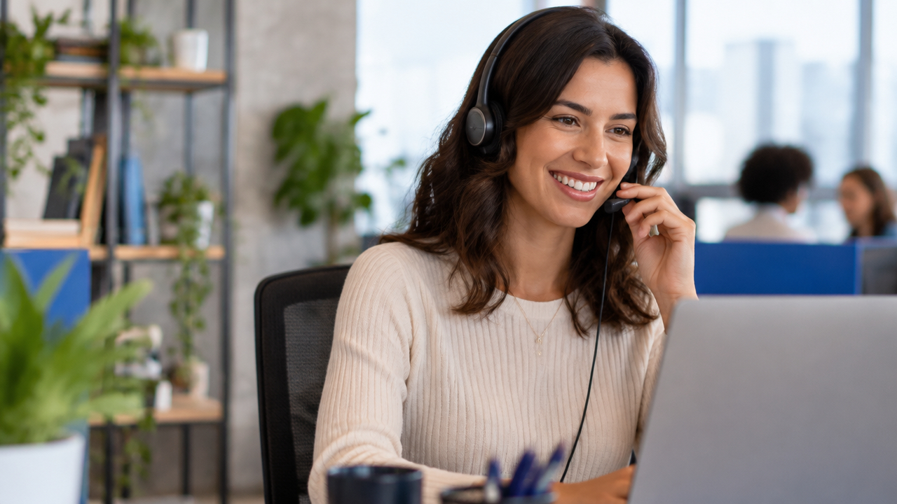 Profissional de atendimento humanizado conversando com cliente em ambiente corporativo moderno