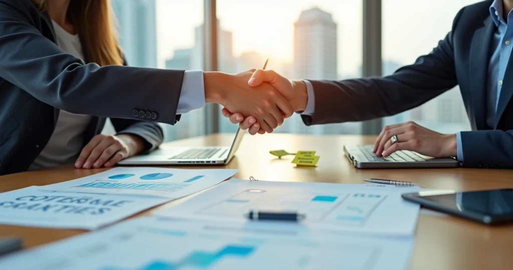 Executivos em reunião B2B apertando as mãos sobre mesa com materiais de marketing e laptop aberto