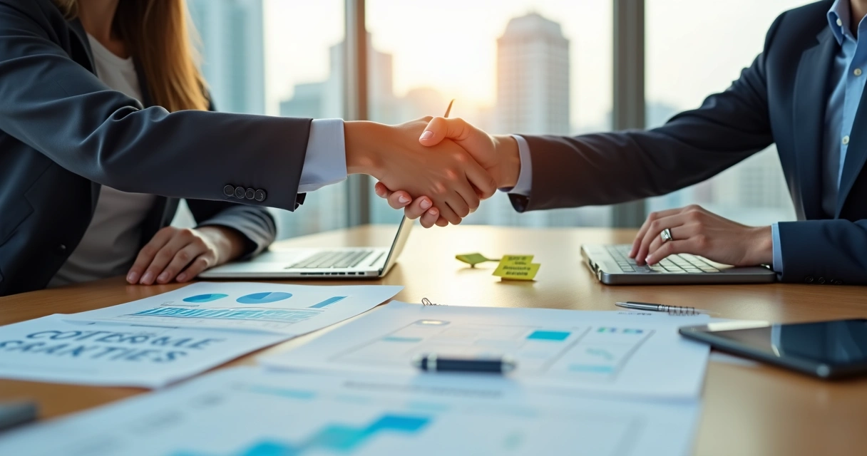 Executivos em reunião B2B apertando as mãos sobre mesa com materiais de marketing e laptop aberto