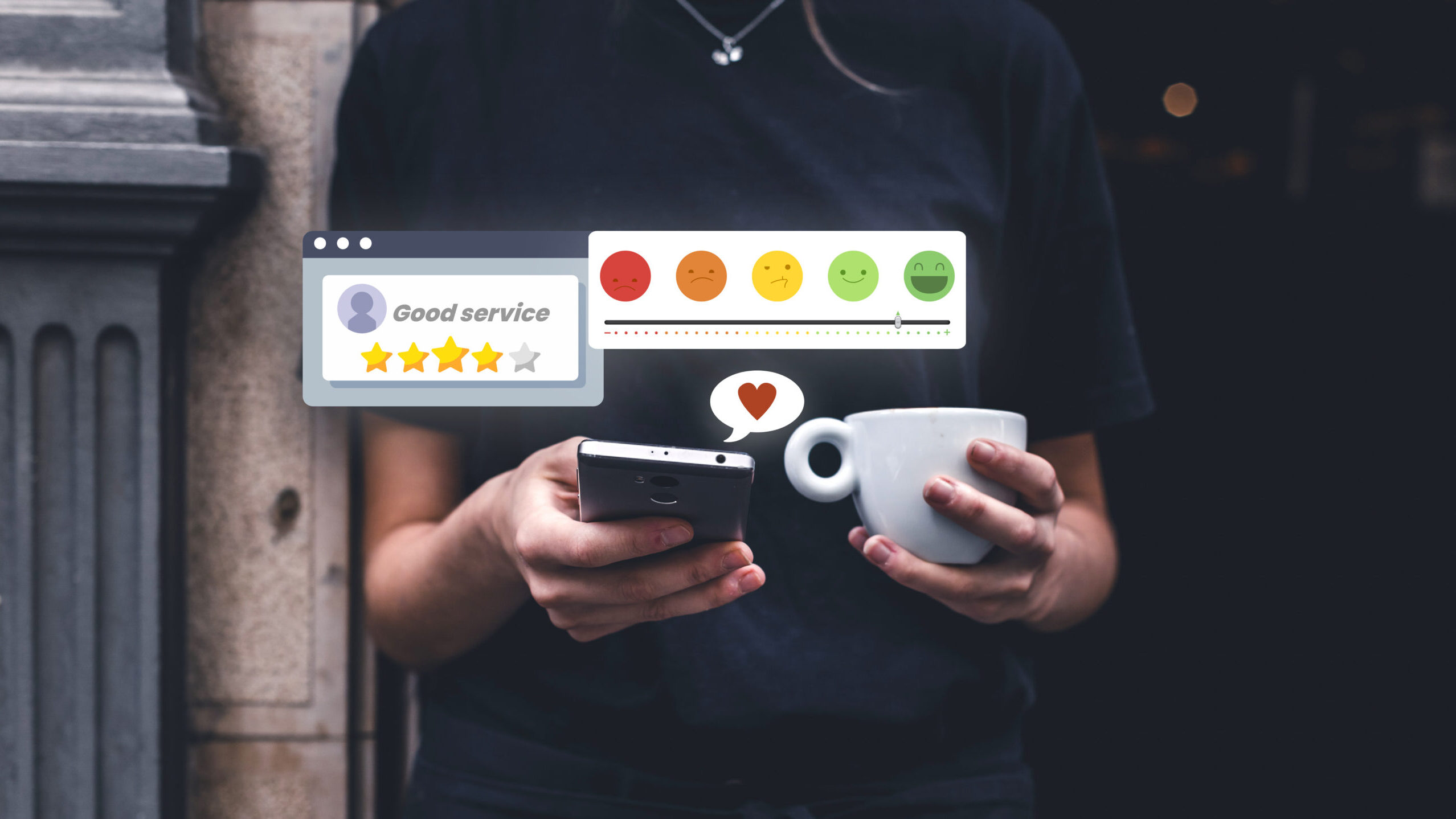 Colagem criativa sobre experiência do cliente com elementos gráficos coloridos e ícones representando comunicação, estratégia e relacionamento.