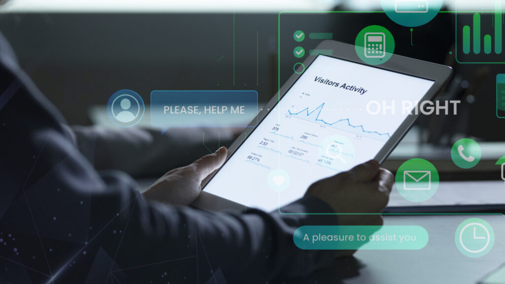 Painel digital com ícones de ferramentas e setas de crescimento, representando a tecnologia para escalar e otimizar a operação de CX.