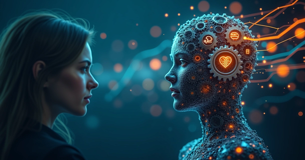 Conceito abstrato de engrenagens conectando pessoa e ícones de atendimento ao cliente
