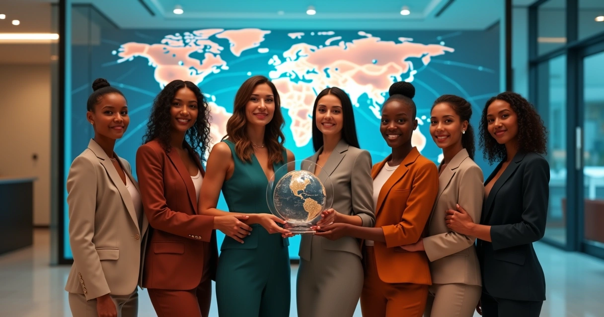 Equipe diversa segurando troféu de premiação em comércio exterior