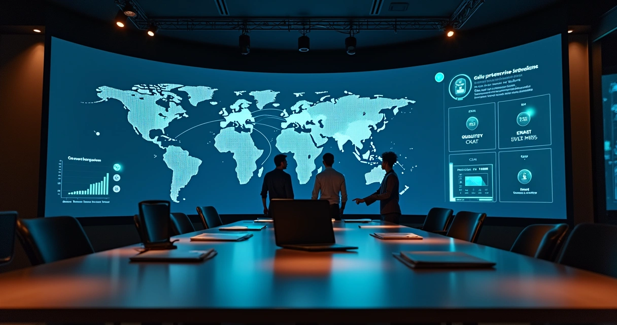 Painel de atendimento ao cliente com mapa mundi mostrando expansão e indicadores de qualidade estáveis