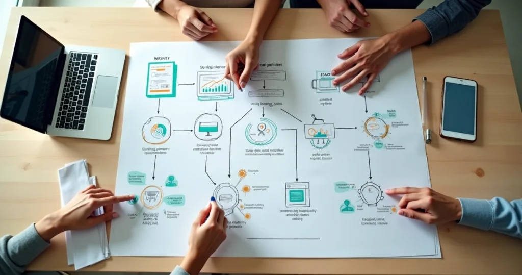 Mesa com mapa de jornada de compra ligando diferentes canais de vendas