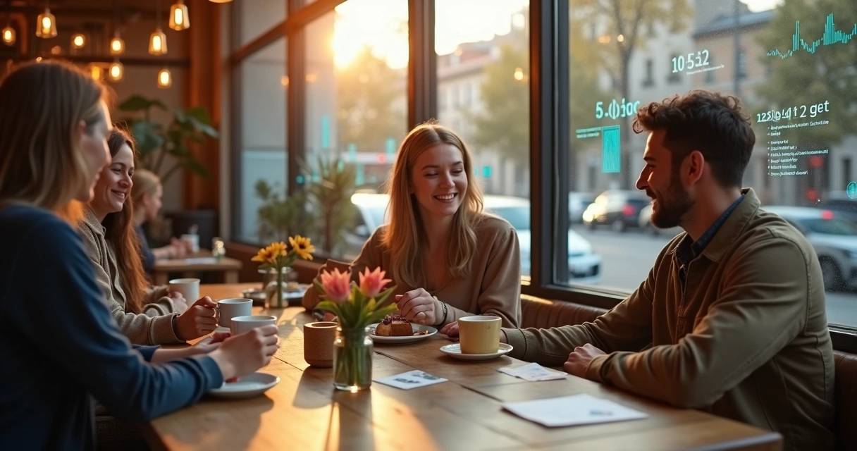 Cliente sentado em cafeteria despreocupado com gráficos digitais ao fundo desfocados