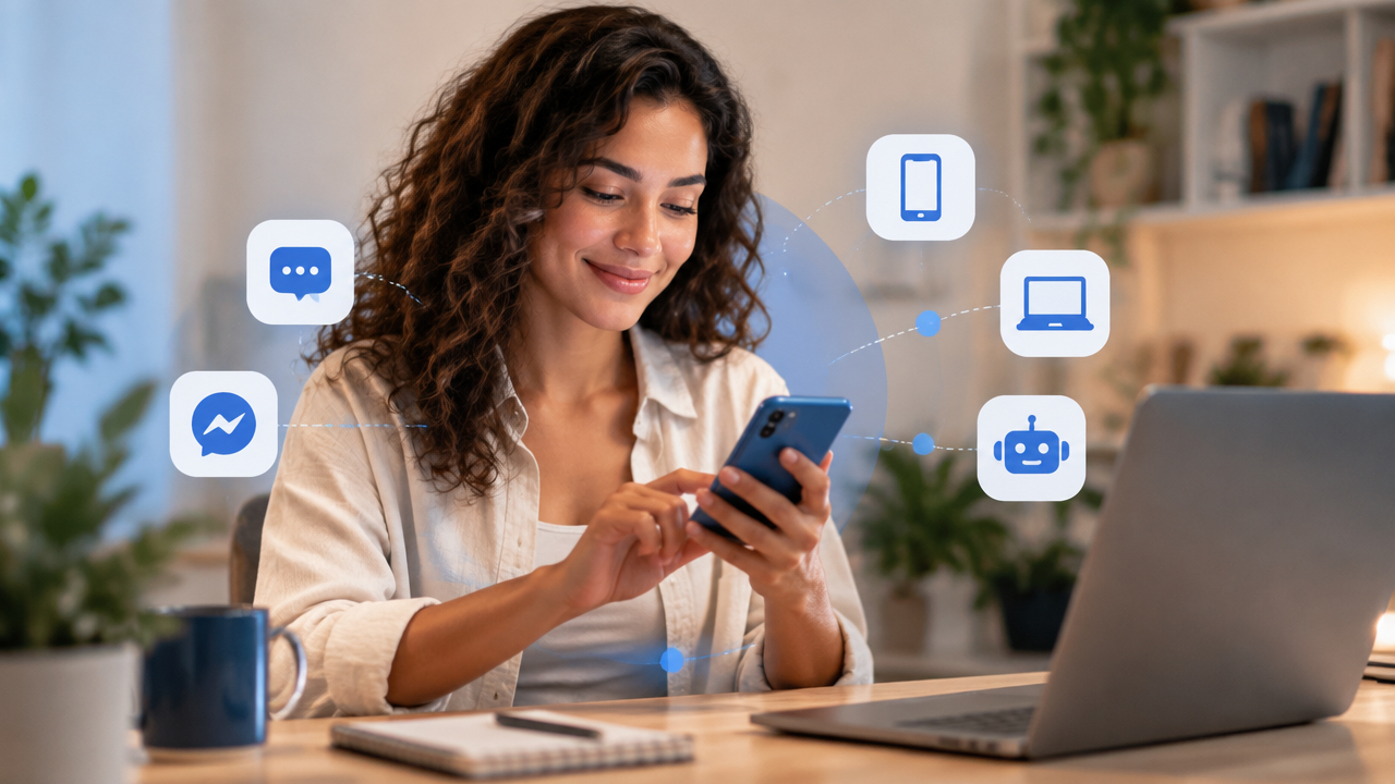 Profissional de atendimento digital usando notebook e headset, com app e site integrados ao fundo
