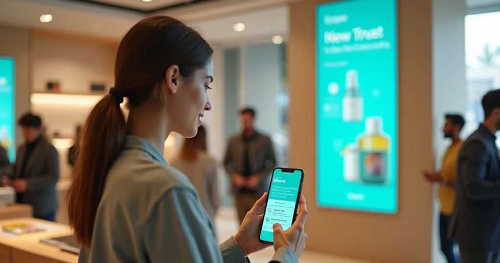 Consumidora interagindo com marca em loja e no celular ao mesmo tempo