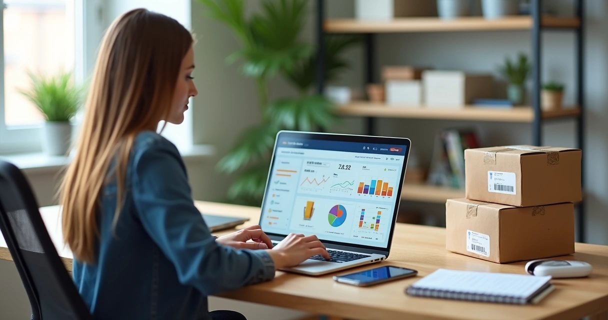 Empresária analisando vendas online em notebook com dashboard de e-commerce