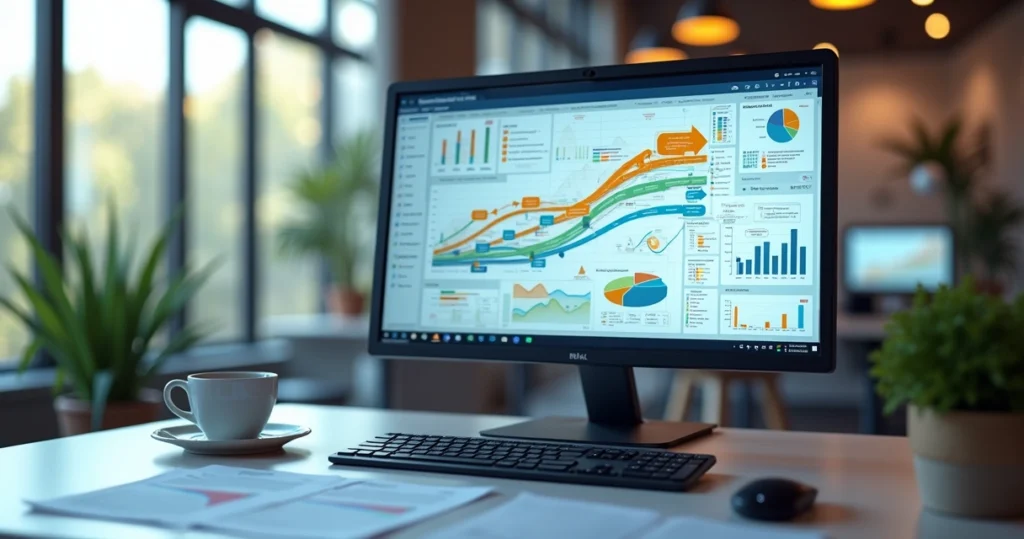 Tela de computador exibindo mapa detalhado da jornada do cliente com gráficos e indicadores de desempenho