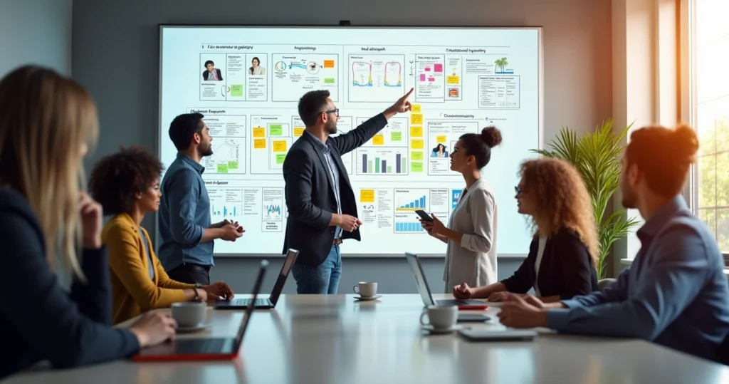 Mapa de jornada do cliente em quadro branco com elementos visuais e setas coloridas mostrando etapas e pontos de contato