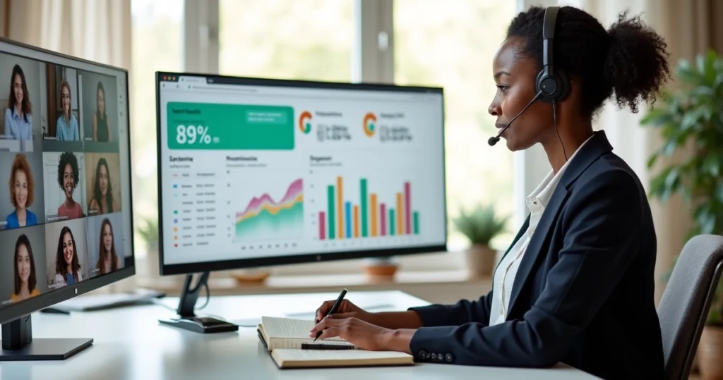 Operação de atendimento feminina analisando painel digital com métricas de qualidade
