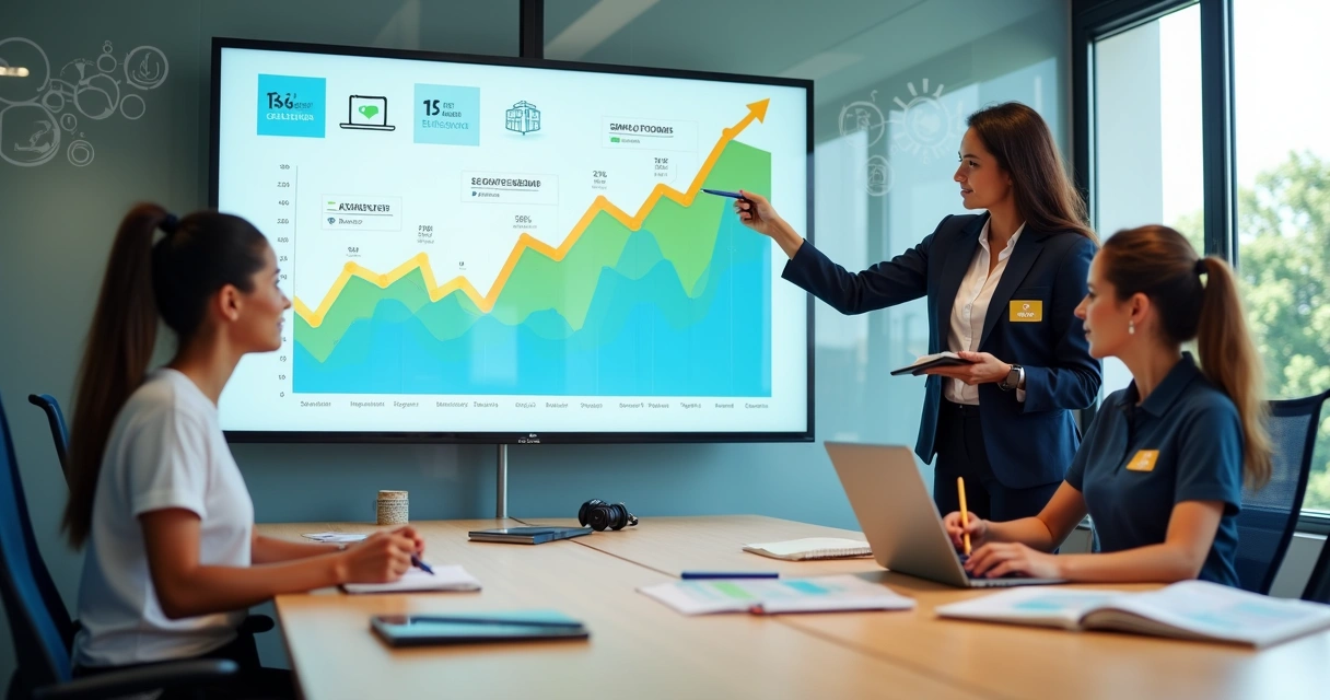 Equipe feminina analisando painel digital de crescimento de negócios