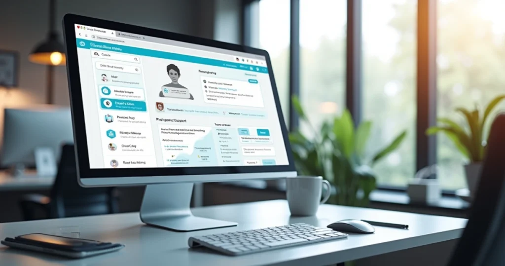 portal self-service corporativo mostrando painéis integrados de atendimento ao cliente e vendas