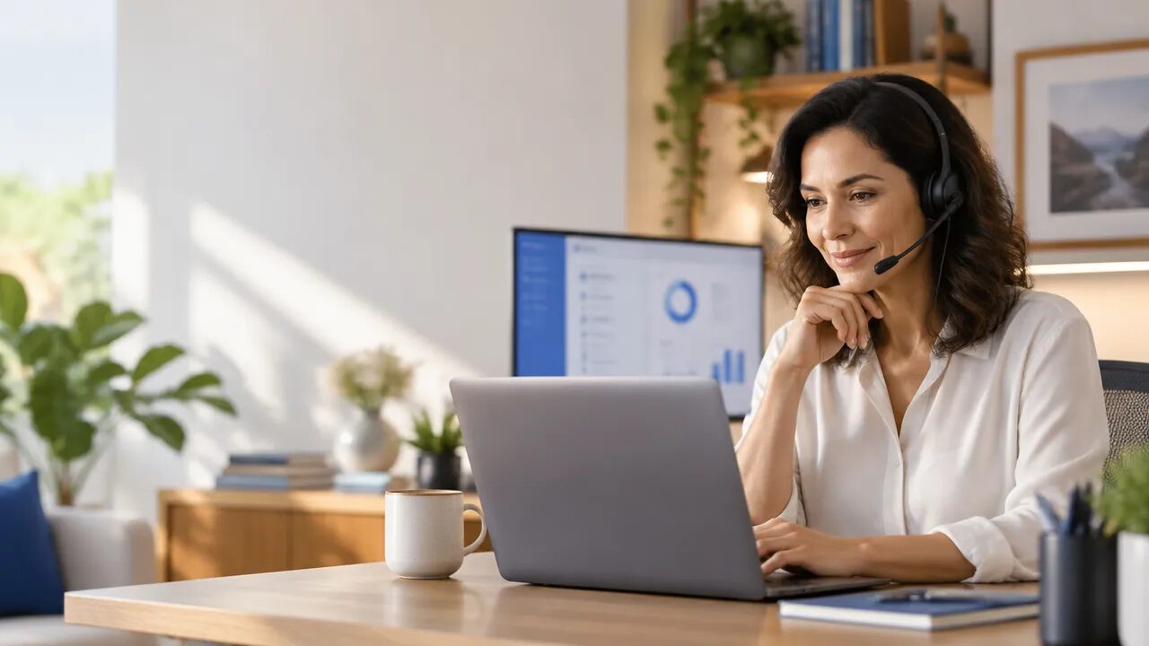 Profissional de atendimento ao cliente em home office usando headset diante de um monitor