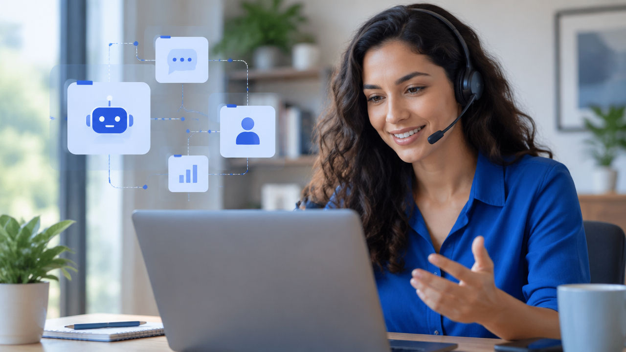 Profissional de atendimento ao cliente usando tecnologia como apoio para uma conversa humanizada