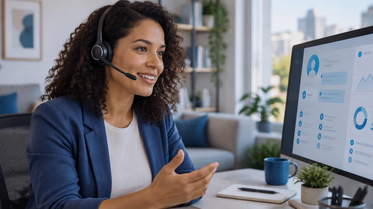 Profissional de atendimento com headset diante de ferramentas digitais, representando a união entre empatia e tecnologia.