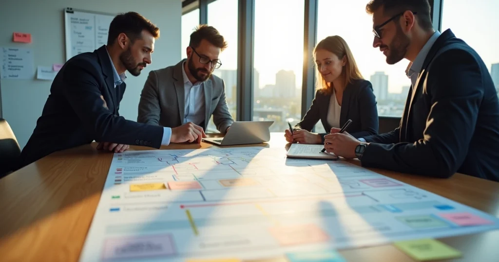 Equipe em reunião traçando estratégia de prospecção de vendas B2B