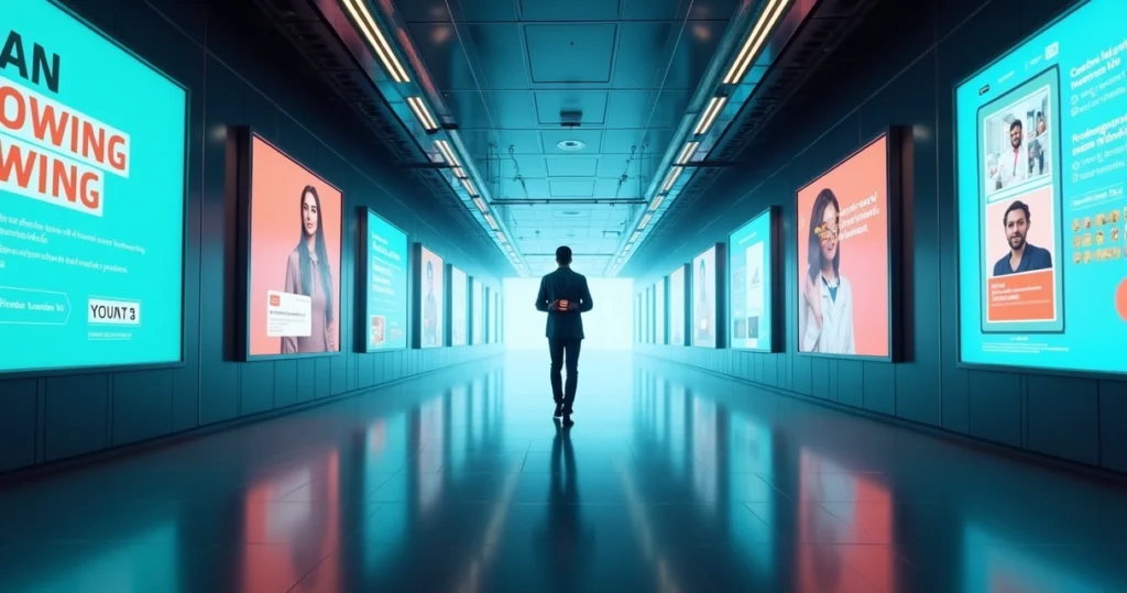 Ilustração de cliente caminhando por túnel com telas de marketing e atendimento alinhadas