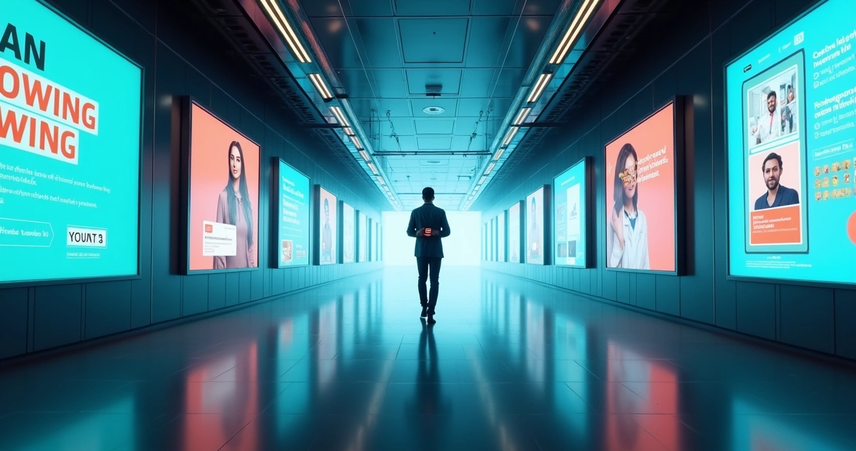Ilustração de cliente caminhando por túnel com telas de marketing e atendimento alinhadas