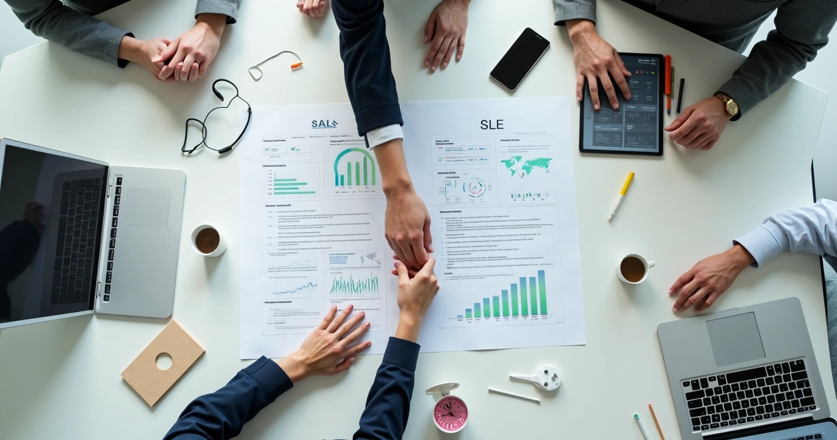 Times de atendimento e vendas diferentes apertando as mãos sobre contrato impresso na mesa