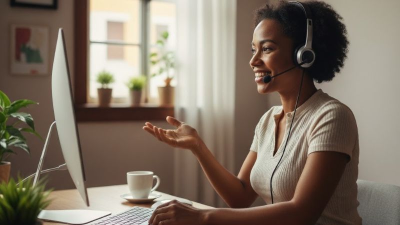 Agente de atendimento ao cliente usando computadores integrados em ambiente moderno e com gráficos de indicadores ao fundo