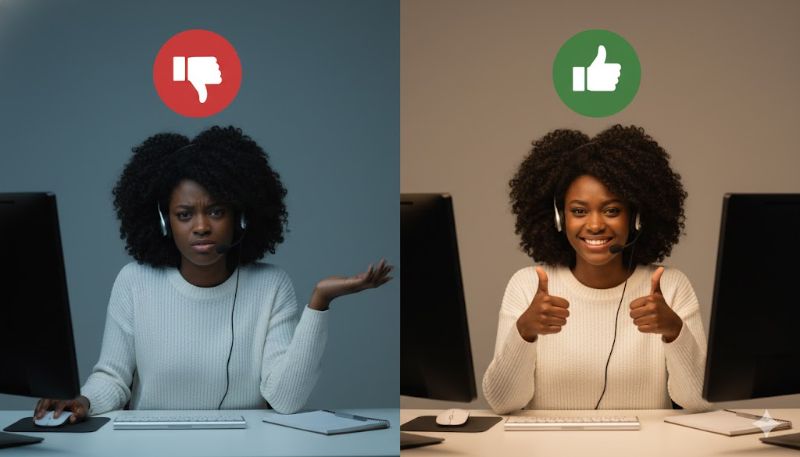 Duas equipes de atendimento ao cliente em ambientes modernos, uma equipe reagindo a chamados e outra equipe antecipando soluções com tecnologia e comunicação