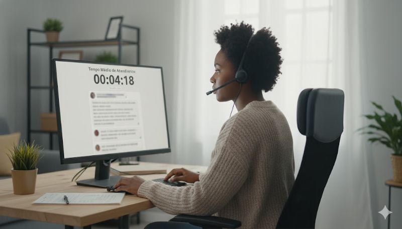 Equipe de operadores de atendimento ao cliente trabalhando em ambiente moderno e tecnológico com computadores e headsets